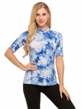 

Blue Tie Dye O-Neck Short Sleeve Contrast Color Tops, Multicolor