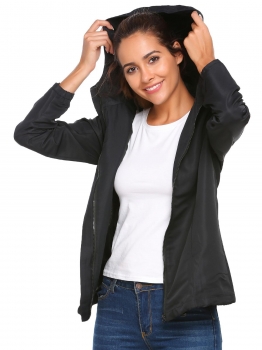 

Black Hooded Long Sleeve Solid Waterproof Coat, Multicolor