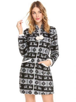 

Coffee Women Nightwear Stand Collar Long Sleeve Print Flannel Lounger House Pajamas, Multicolor