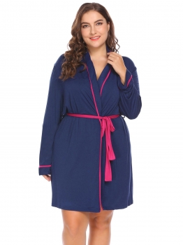 

Dark blue Women Soft Hooded Robe Shawl Collar Long Sleeve Bathrobe Sleepwear w" Belt Plus, Multicolor