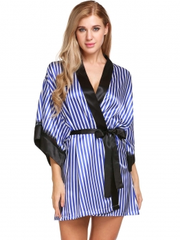 

Blue Womens 3"4 Lace Sleeve Striped Patchwork Contrast Color Satin Robe With Belt, Multicolor