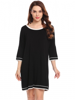 

Black Women Nightshirt O-Neck Patchwork Nightgown 3"4 Sleeve Sleep Dress, Multicolor