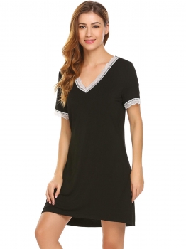 

Black Women V-Neck Short Sleeve Nightgown Lounge Dress Sleepwear, Multicolor