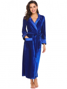 

Blue New Women Casual Turn Down Collar Long Sleeve Patchwork Pocket Velvet Robe with Belt, Multicolor