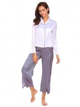 

Women Casual Turn-down Neck Long Sleeve Solid Blouse Striped Pants Pajamas Set, Multicolor