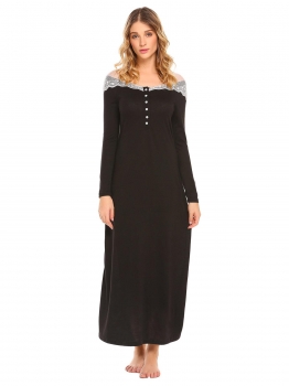 

Black Long Sleeve Lace Patchwork Nightgown Nightdress, Multicolor