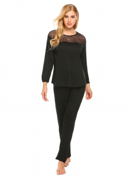

Black Women Casual O Neck Long Sleeve Lace Patchwork Solid Loose Pajamas Sets, Multicolor