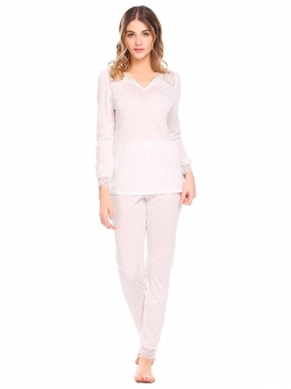 

White Women Soft Pajamas Set V-Neck Long Sleeve Lace Trim Shirt and Pant Nightwear, Multicolor