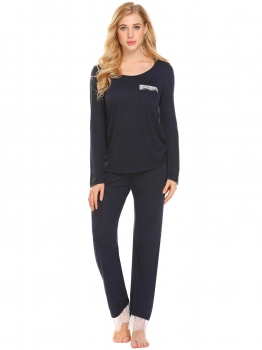 

Navy blue Women Sleepwear O-Neck Long Sleeve Sleep Shirts Pajamas Set with Pj Pants, Multicolor