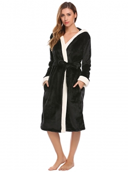 

Black Hooded Long Sleeve Soft Plush Bathrobe Sleep Robe, Multicolor