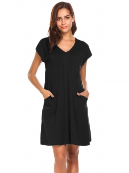

Black Women V-Neck Short Sleeve Solid Pocket Loose Fit Sleepshirt Nightgown, Multicolor