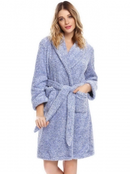 

Blue Women Shawl Collar Long Sleeve Soft Plush Bathrobe Sleepwear Robe, Multicolor