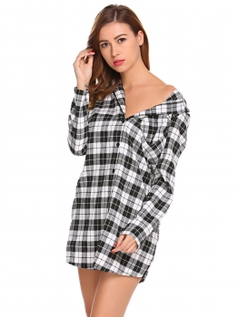 

White Long Sleeve Button Down Plaid Nightshirt Nightgown Sleep Lounge Dress, Multicolor