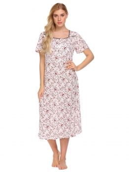 

White Women Sleepwear Short Sleeve Floral Print Nightgown Loose Sleep Dress, Multicolor