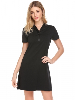 

Black Women Turn-Down Collar Solid Basic T-Shirt Night Dress, Multicolor