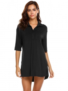 

Black Womens Turn Down Collar Short Sleeve Pleated Sleepshirt Nightgown Lounge Dress, Multicolor