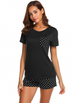 

Black Women Sleepwear O-Neck Short Sleeve Dot Pocket Pajamas Set, Multicolor