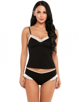 

Black Lace Trimmed Top and Elastic Waist Bottom Pajamas Set, Multicolor