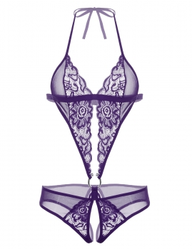 

Purple Lingerie Halter Cut Out Lace One Piece Bodysuit Nightwear, Multicolor