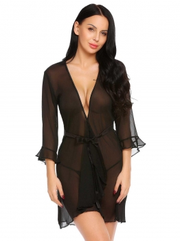 

Black Solid Long Sleeve Wrap Robe with G-string, Multicolor