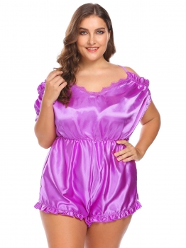 

Purple Women Sexy Lingerie V-Neck Ruffles Trim Satin One Piece Bodysuit Plus Size, Multicolor