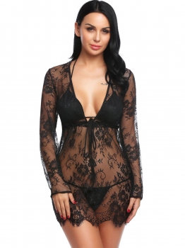 

Black Women Sexy Sheer Lace Lingerie Set Long Sleeve Nightwear with G-string and Bra, Multicolor