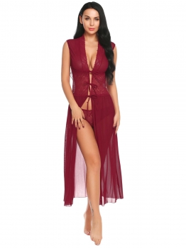 

Wine red Women Lace Patchwork Sexy V-Neck Sleeveless Chemise Briefs Lingerie Pajamas Dress, Multicolor