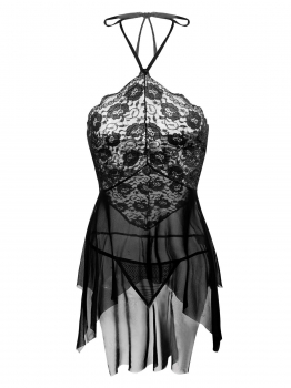 

Black Women Sexy Lingerie Set Halter Lace Patchwork Dress with G-string, Multicolor