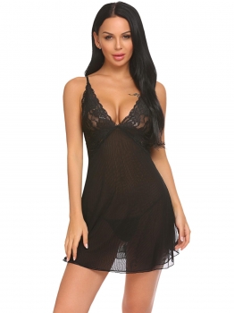 

Black Women Sexy Lingerie Sheer Babydoll Set with G-string, Multicolor