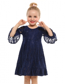 

Kids Girl O-Neck Long Sleeve Pullover Floral Pleated Lace Dress, Multicolor