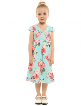 

Skyblue Kids Girls V-Neck Cap Sleeve Print Cute Dress with Belt, Multicolor