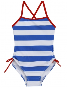 

Blue O-Neck Sleeveless Back Cross Striped Bandage Girls' Swimsuit, Multicolor