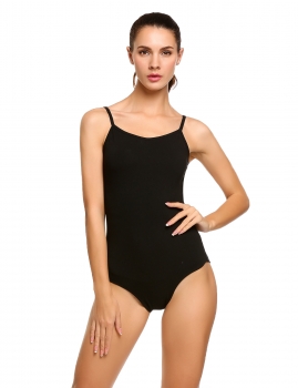 

Black Solid Spaghetti Strap Backless Women's One Piece Dance Leotard, Multicolor