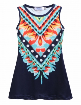 

Black Child Girl O-Neck Sleeveless Print Casual Dress, Multicolor