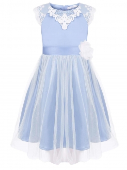 

Light blue Girls' O-Neck Sleeveless Lace Mesh Patchwork Dress, Multicolor