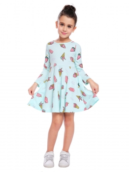 

Blue O-Neck Long Sleeve Cute Pattern Print Dress, Multicolor