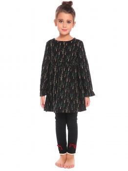 

Black Kids Girl O-Neck Long Sleeve Cute Pattern Print Dress, Multicolor