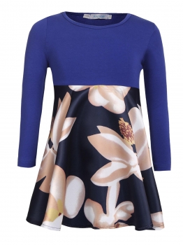 

Navy blue Kids Girl O-Neck Long Sleeve Floral Patchwork Cute Big Swing A-Line Dress, Multicolor