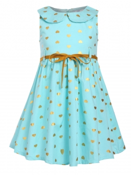 

Light blue Kids Girl O-Neck Sleeveless Cute Pattern Print A-Line Dress with Belt, Multicolor