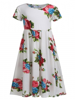 

White Kids Girls Wear Short Sleeve Floral Print Long Maxi Dress, Multicolor