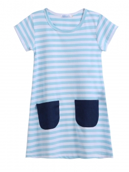 

White blue Kids O-Neck Short Sleeve Striped Pockets Girl Dress, Multicolor