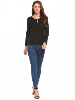 

Black Solid Front Keyhole O-Neck Long Sleeve Loose Fit Tops, Multicolor