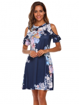 

Navy blue Cold Shoulder Ruffle Short Sleeves Shift Dress, Multicolor