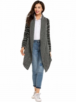 

Black Long Sleeve Breathable Open Front Striped Knitted Cardigans