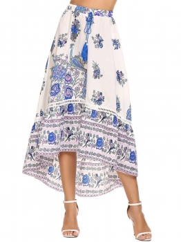 

Printed Elastic High Waist Tassel Drawstring Skirt, Multicolor