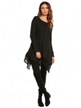 

Black Long Sleeve Lace Trim Irregular Pullover Cable Knit Sweater, Multicolor