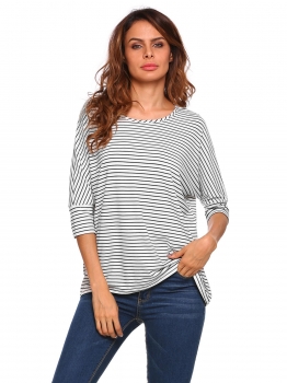 

White Black Stripe Batwing Sleeve Striped Loose Tops, Multicolor