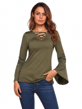 

Army green Flare Sleeve V-neck Lace Patchwork Loose Tops, Multicolor