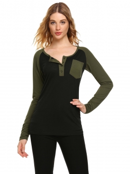 

Army green Contrast Color O-Neck Long Sleeve Patchwork Pocket Tops, Multicolor