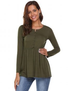 

Army green O-Neck Long Sleeve Solid Buttoned Ruffle Hem Tops, Multicolor